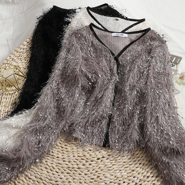 

women's knits & tees spring autumn short tassel cardigan women elegant long sleeve v-neck fluffy cropped coat student fuzzy streetwear, White