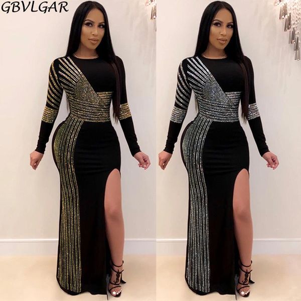

autumn women long sleeve sequined detail high slit maxi dress elegant foraml party classy black gold o neck casual dresses, Black;gray