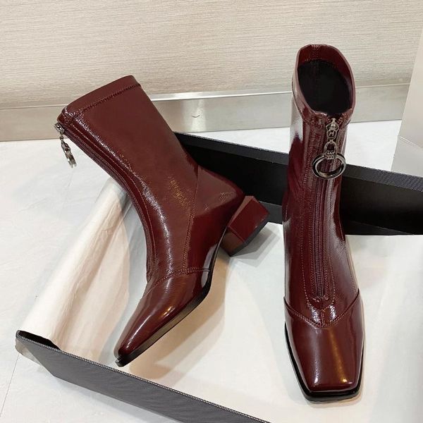

boots spring autumn elegant women shoes square heel toe woman front zipper ladies ankle red wine black