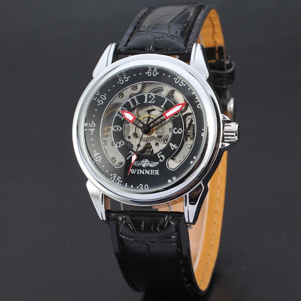 

winner antique casual fashion clock luxury male hollow automatic mechanical leather men military polar, Slivery;brown