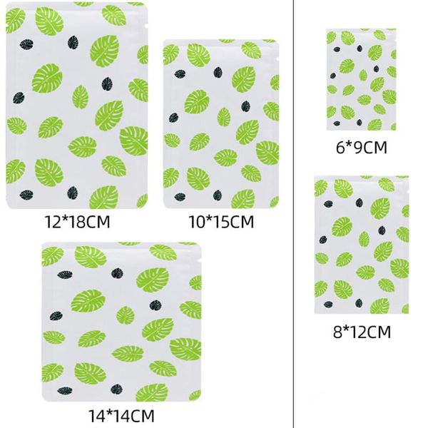 

storage bags 100pcs/lot open bag green leaves pure mylar foil pack tear notch waterproof dry flower tea powder