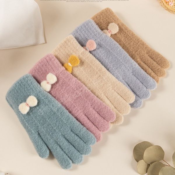 

cute bowknot knitting gloves women girls winter warm solid color elastic full finger gloves outdoor touch screen warm gloves, Blue;gray