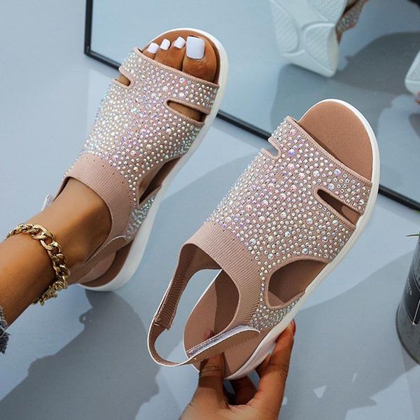 

sandals summer ladies 2021 rhinestone flat open toe hollow women shoes slip on comfy leisure flats female footwear, Black