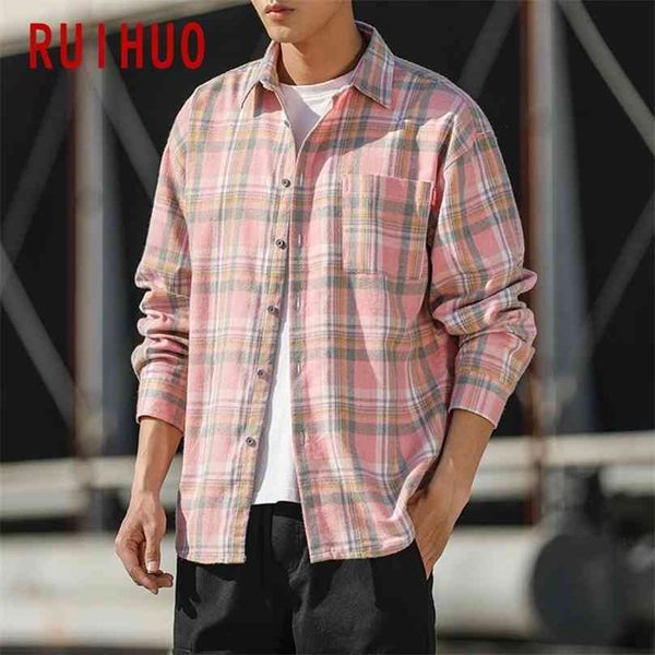 Ruihuo повседневная розовая рубашка пледа мужская стройная подходящая шерсть мужчина с длинным рукавом рубашки мода бренд плюс размер M-5XL весна 210626