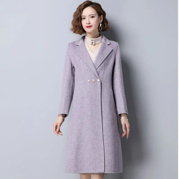 

women's wool & blends 2021 autumn and winter female double-sided woolen coat suit collar mid-length ladies fashion slim, Black