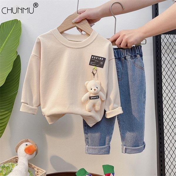

autumn children baby boys clothes fashion denim jacket pants 3pcs/sets infant kids casual clothing winter toddler tracksuits 220212, White