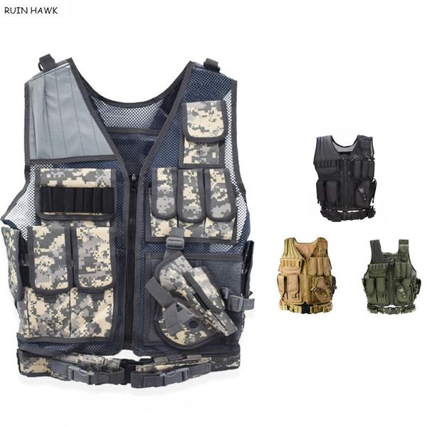 

tactical vest combat army outdoor hunting fishing cs training multi-tool holster jackets, Camo;black