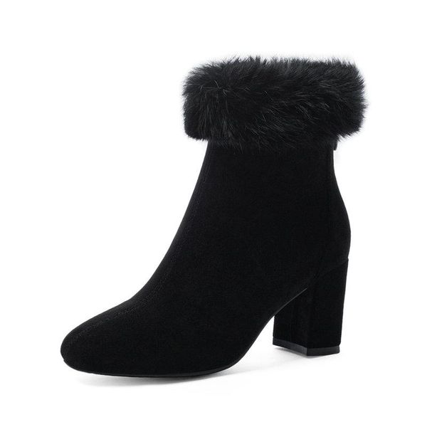 

boots 2021 back zipper women shoes round toe square heel snow winter to keep warm ankle size 34-43, Black