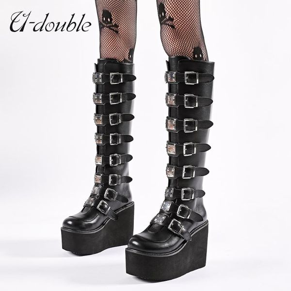 

boots u-double 2021 punk women ins plataforma high heels big size 43 gothic style wedges shoes fashion ankle woman, Black