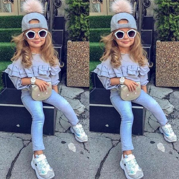 

2pcs toddler kids baby girls ruffle denim pants trousers outfits clothes, White