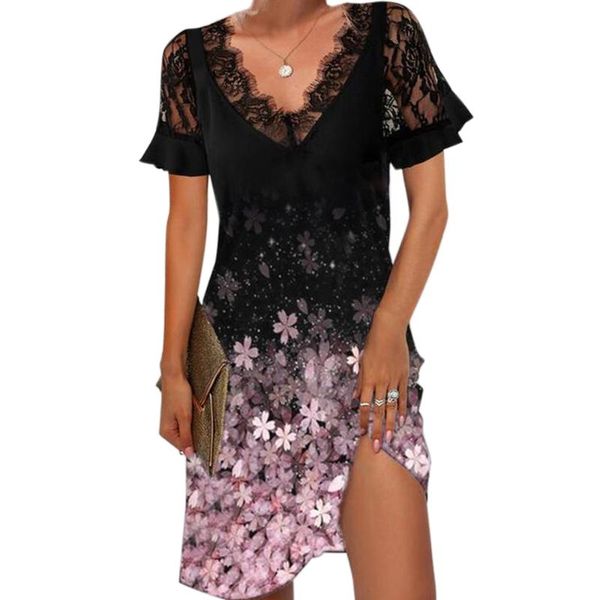 

casual dresses short lace sleeve women summer mini dress floral print v-neck female elegant gradient vacation vestidos d30, Black;gray