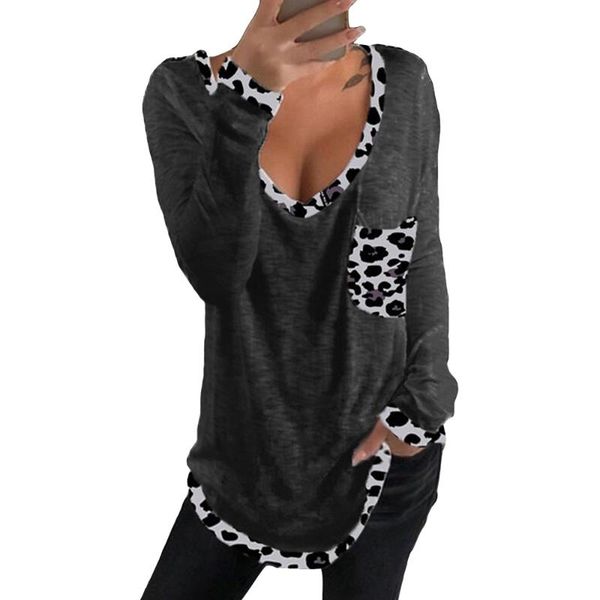 

women's t-shirt t shirt women v neck leopard print patchwork long sleeve clothing casual loose female, White