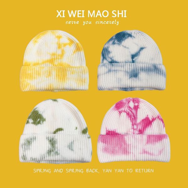 

beanies japanese personalized tie dyed knitted hat korean autumn winter warm ear protection cold tide wool female melon skin lan