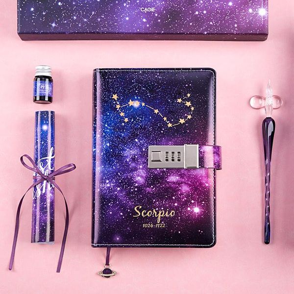 

notepads b6 luxy binder notebook diary twelve constellations journal with lock agenda planner organiser kawaii note book stationery, Purple;pink