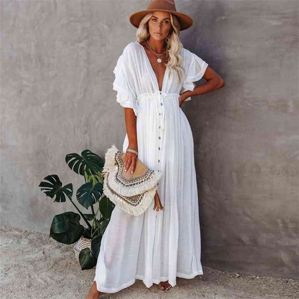 

ayualin see through maxi dress for women deep v neck backless white cotton boho summer ruffles beach bikini cover up 210714