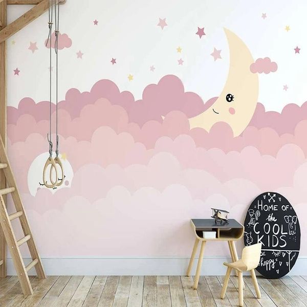 

wallpapers custom po wallpaper nordic ins hand-painted mural pink cloud moon starry sky childildren's bedroom background wall