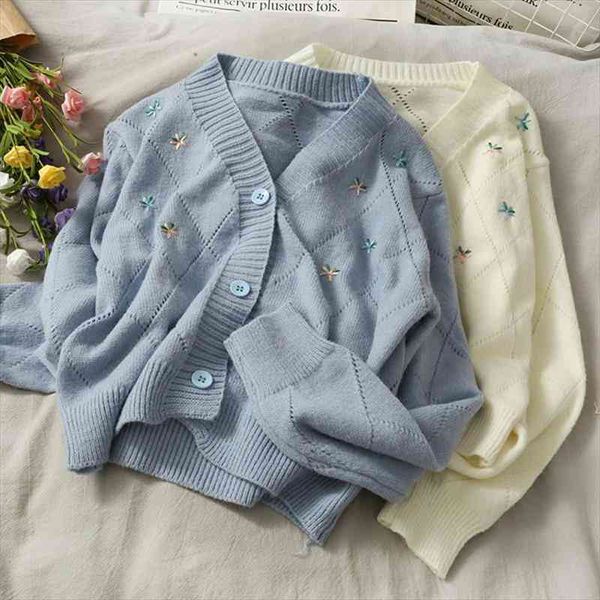 

spring korean women sweater small flower embroidery knitted coat loose retro v-neck cute white sweater cardigan blouse top, White;black
