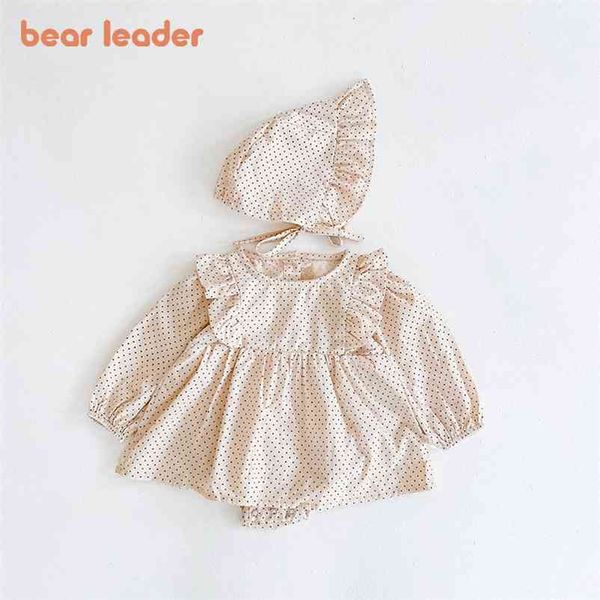 

born baby rompers o-neck polka dots print pattern cotton clothes for toddler girls cute heart jumpsuits with hat 210429, Blue