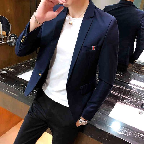 

men 2021 new fashion casual plain color cloth decoration slim single button men's boutique blazer, Black