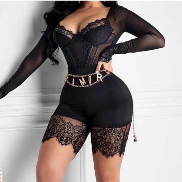 

women's jumpsuits & rompers lace bodysuit long sleeve mesh see through jumpsuit women v-neck bodycon romper shorts plus size black play, Black;white