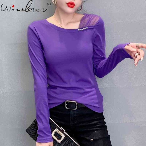 

women's t-shirt fall winter korean clothes t-shirt fashion diamonds patchwork mesh off shoulder cotton women ropa mujer, White