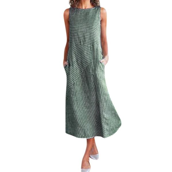 

casual dresses women striped print sleeveless dress neck linen pocket long open tulle loose maxi sexy, Black;gray
