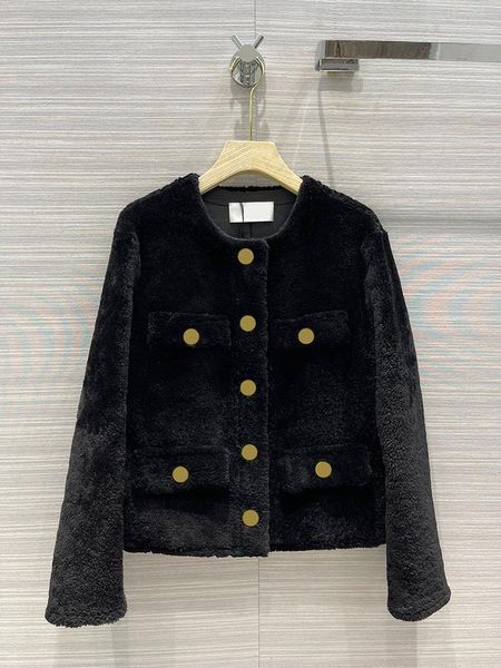 

women's jackets 100% sheepskin coats elegant solid o-neck long sleeve flannel four pocket coat lady winter 2021, Black;brown