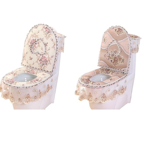 

toilet seat covers 2 set european style lace cushion household zipper gasket winter u-shaped seat, coffee & beige
