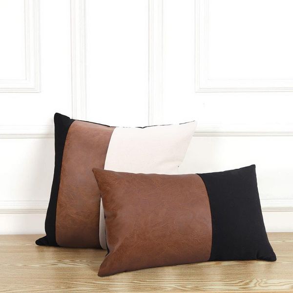 

cushion/decorative pillow nordic fashion pu leather black canvas stitching pillowcase modern simple geometric couch sofa cushion cover home