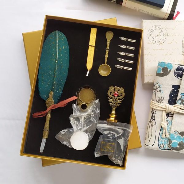 

fountain pens luxury pen set vintage sprinkling gold feather ink bottle calligraphy writing dip birthday gift box