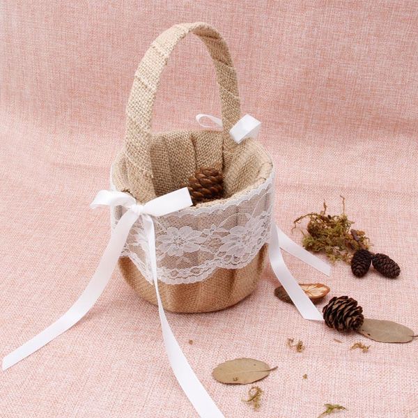 

storage baskets romantic bowknot burlap satin wedding ceremony party rose flower girl basket