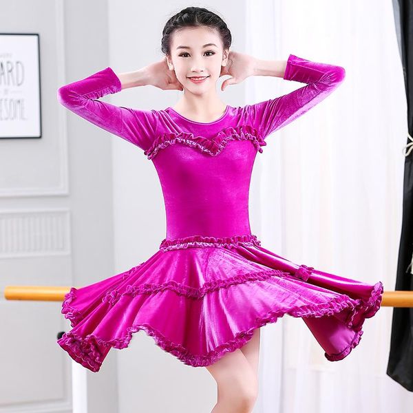 

stage wear 2021 arrival girls latin dance dress children long sleeve velvet for ballroom cha sumba competition dancing dresses, Black;red