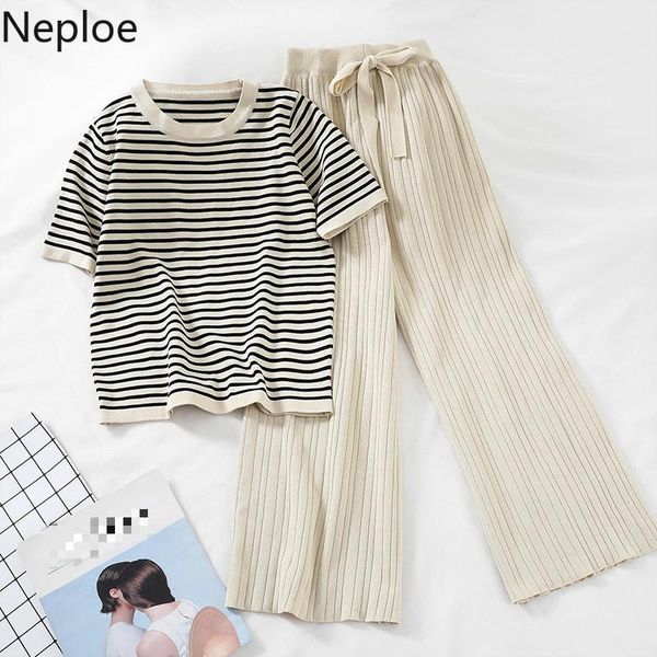 

two piece dress neploe 2piece set women striped knitted o neck short sleeve lace up stretch waist wide leg pants fashion suits 1b860, White