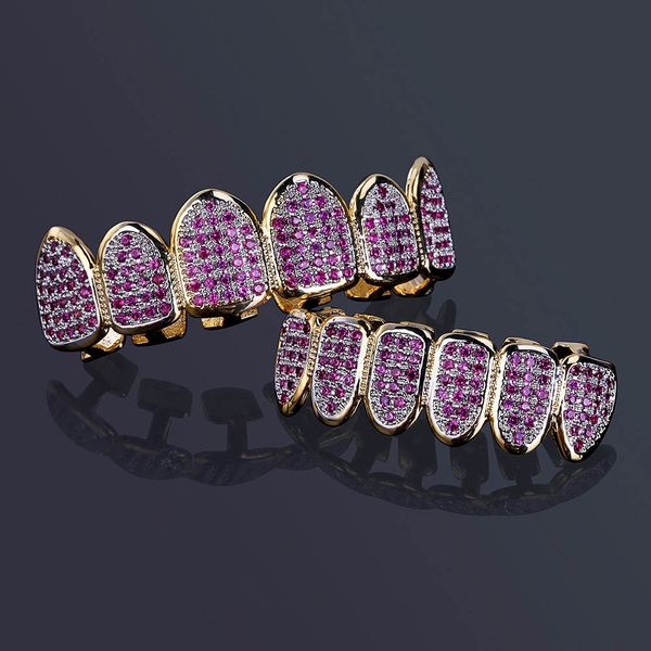 

new custom fit hip hop gold teeth grillz caps micro pave fuchsia cubic zirconia & bottom grills set for christmas gift women, Black