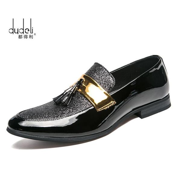 

dress shoes italian man wedding tassel golden formal men luxury fashion party loafers leather schoenen mannen zapatos, Black