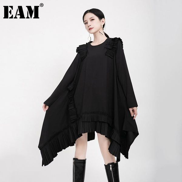 

casual dresses [eam] women irregular ruffles pleated black dress round neck long sleeve loose fit fashion tide spring autumn 2021 1dd5158, Black;gray