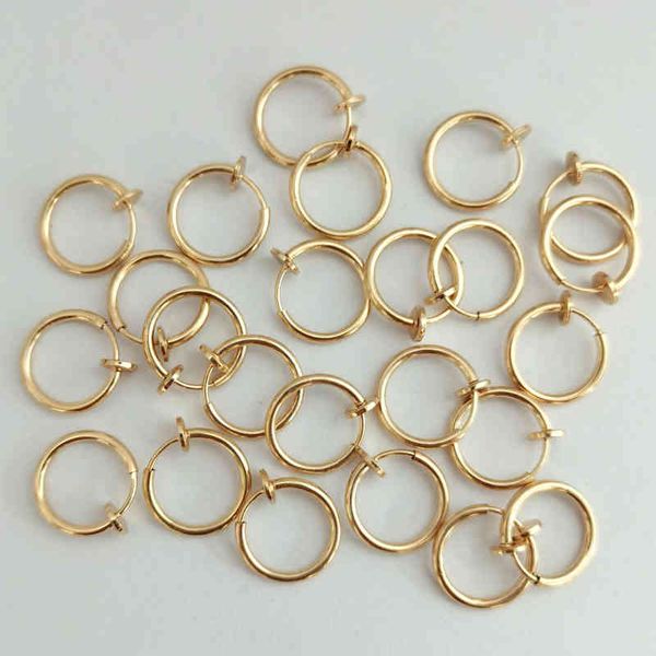 

stainless steel retractable clip on earrings non piercing fake hoop for women girls without ear holes cuffs, Golden