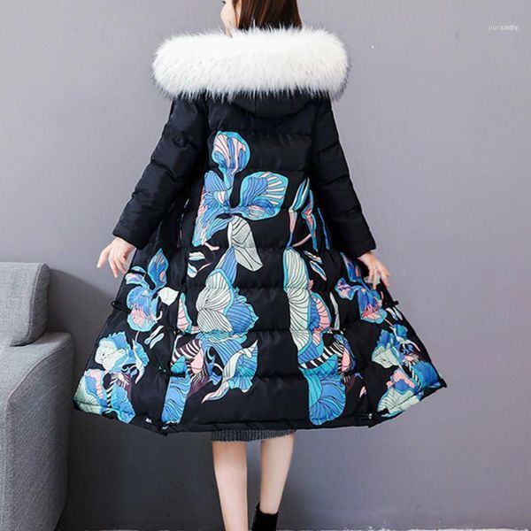 

print retro chinese national winter jacket women big fur collar hat warm long coat female down cotton padded parka s771, Black