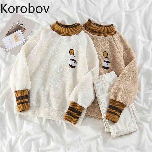 

korobov autumn winter new women hoodies korean o neck long sleeve hit color patchwork sweatshirts cartoon embroidery outwear 210430, Black