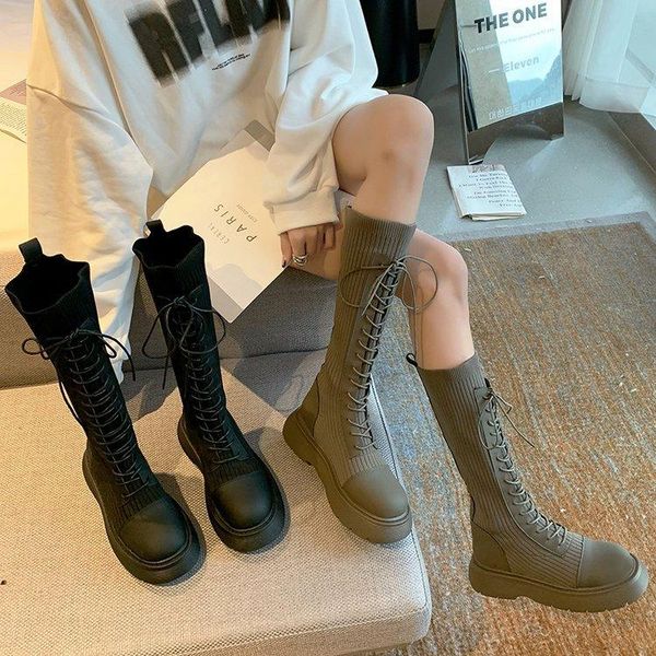 

boots women 2021 thigh high heels shoes round toe lace up rock over-the-knee ladies autumn rubber low microfi, Black