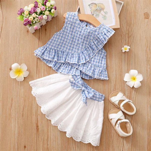 

clothing sets summer baby girl clothes sleeveless plaid print ruffle shirts+bow flower lace skirts outfit cute set, White