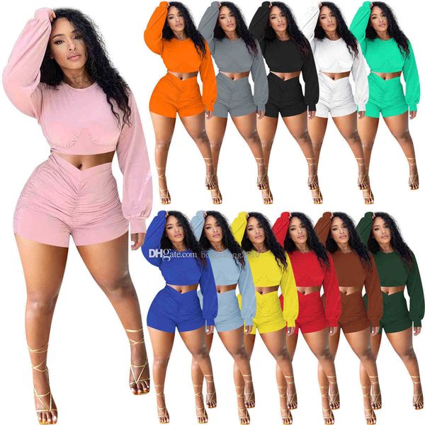 

women 2 pieces pants casual outfits solid color long sleeve crop pleated shorts tracksuits jogger suits fashion pullover sportswear, White
