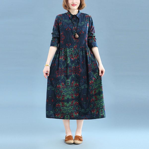 

dress autumn retro loosed cotton and linen dressed size large ethnic style printed long female shirt sleeve y126 xnul, Black;gray