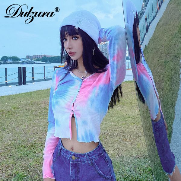 

dulzura tie dye ribbed knitted cardigan women crop v neck long sleeve bodycon streetwear casual 2021 summer clothes, Black;white