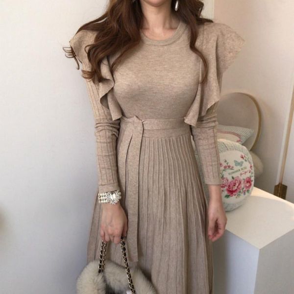 

casual dresses fashion sweater dress women ruffles slim waist long sleeve pleated 2021 autumn winter clothes, Black;gray