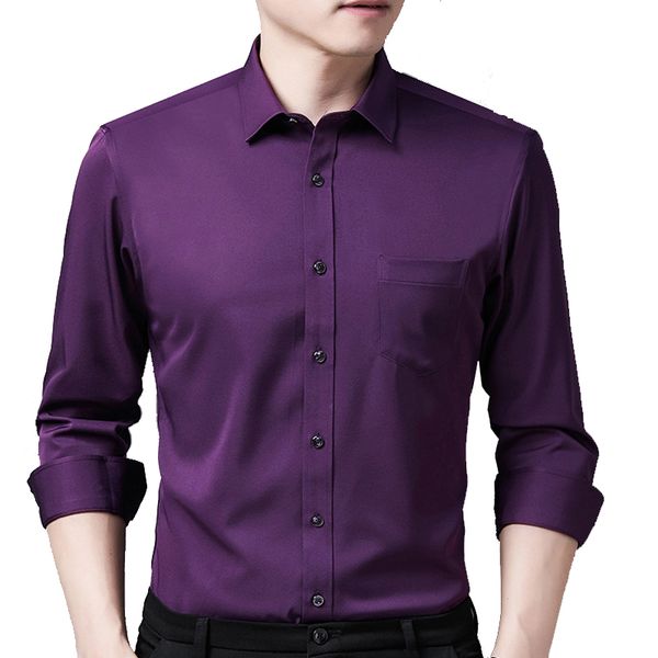 Фиолетовые рубашки мужчины повседневный с длинным рукавом атласная мужская рубашка стройная деловая работа Camisas без железной твердой химии Homme 26 + цвета 210524