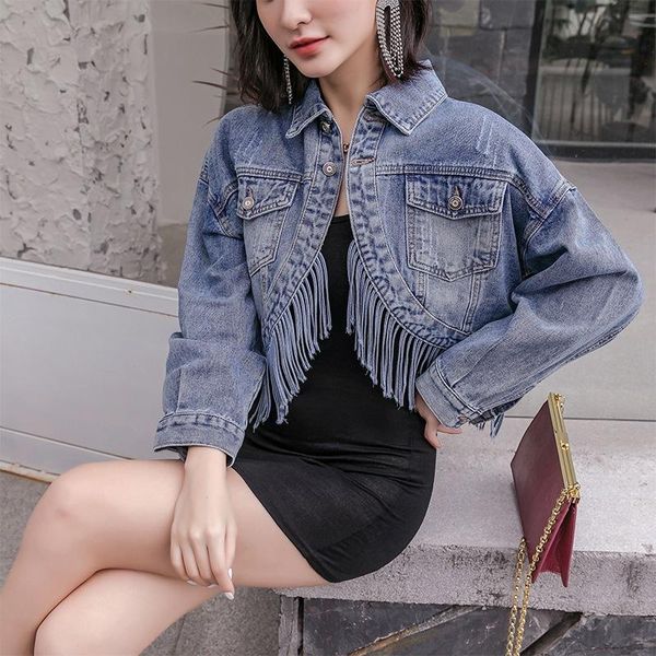

spring autumn korean women's denim short jacket fashion irregular tassel bust girls ladies all-match basic coats 2021 jackets, Black;brown