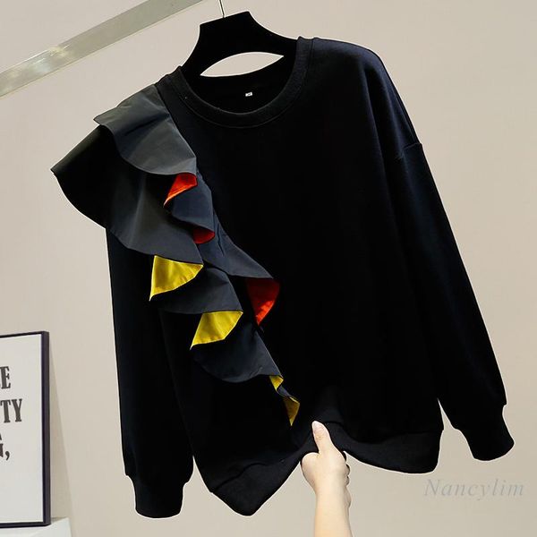 

women's hoodies & sweatshirts ruffled woman loose-fitting pullover round-neck all-match sweatshirt fashion female 2021 spring clothes o, Black