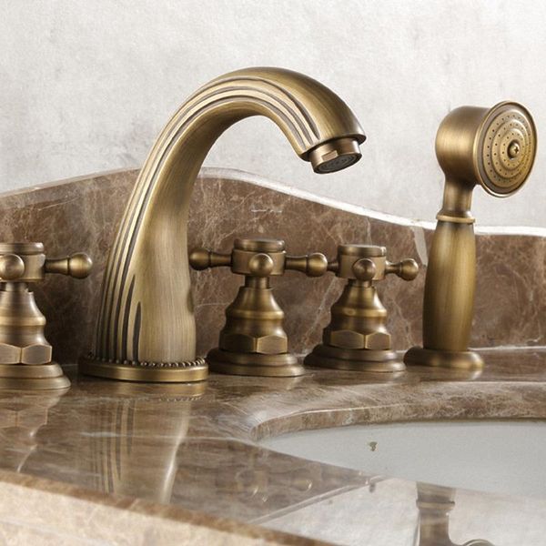 

luxury bathroom 2-handle basin faucet, 3-handle bathtub faucet with hand shower, lavatory mixer taps, antique brass shower sets