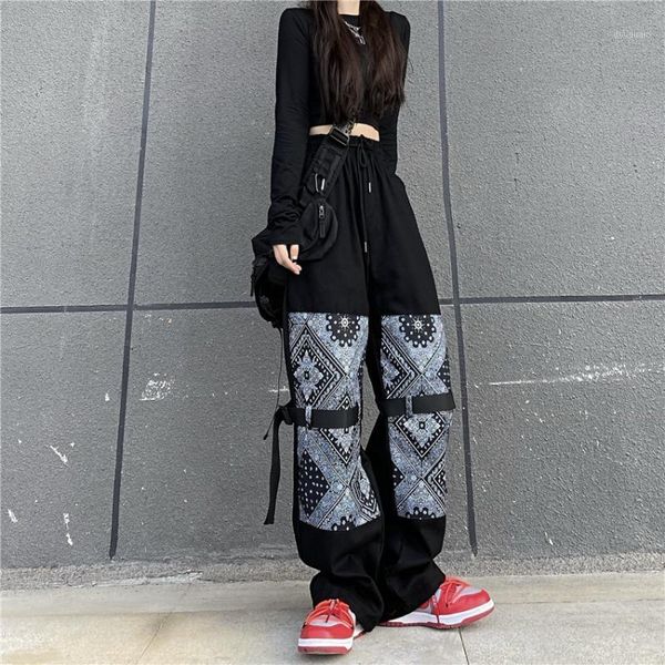 

women's pants & capris american high street cashew flower stitching adjustable ribbon personality loose straight casual workwear, Black;white